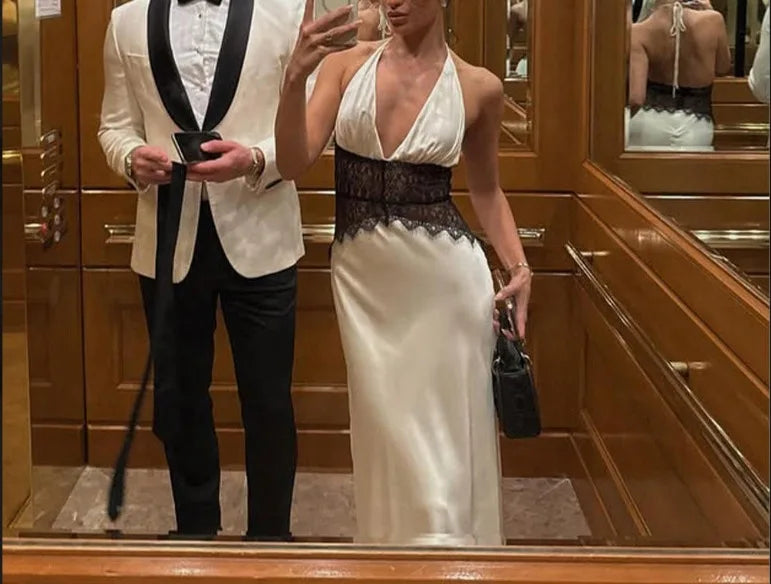 Summer Backless Sexy Long Dresses Women's Gown Patchwork Lace Halter V Neck Sleeveless High Waist Elegant Vestidos Para Mujer