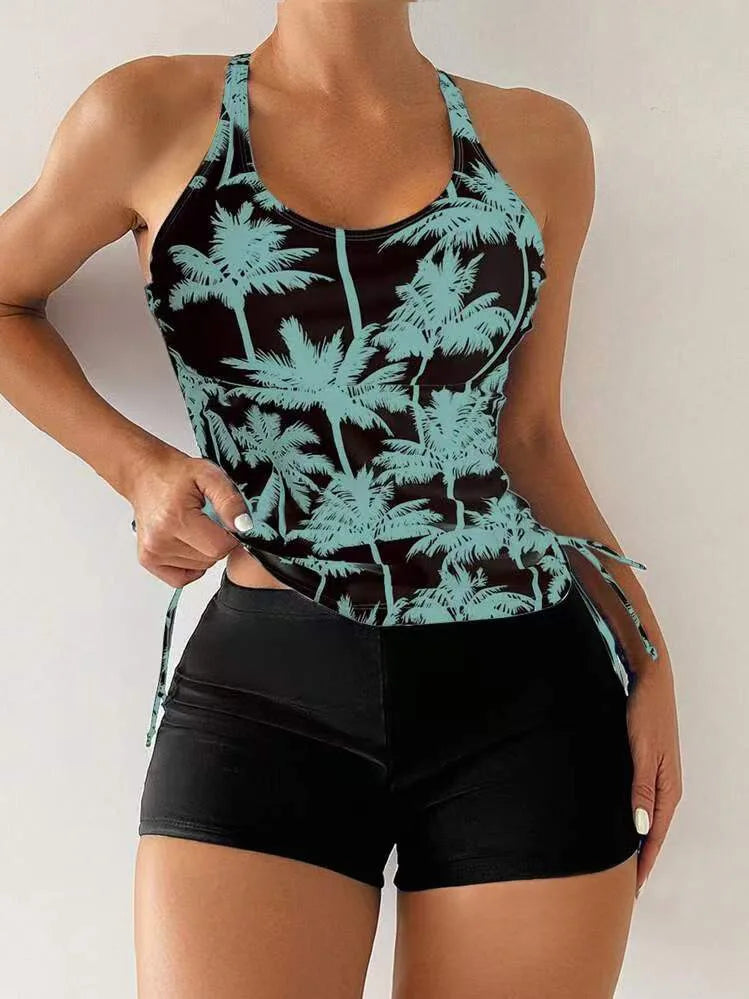 High Waist Swimwear Women 2025 New Two Pieces Swimsuit with Shorts Coconut Palm Print Tankini Set Summer Bathing Suit Trunks