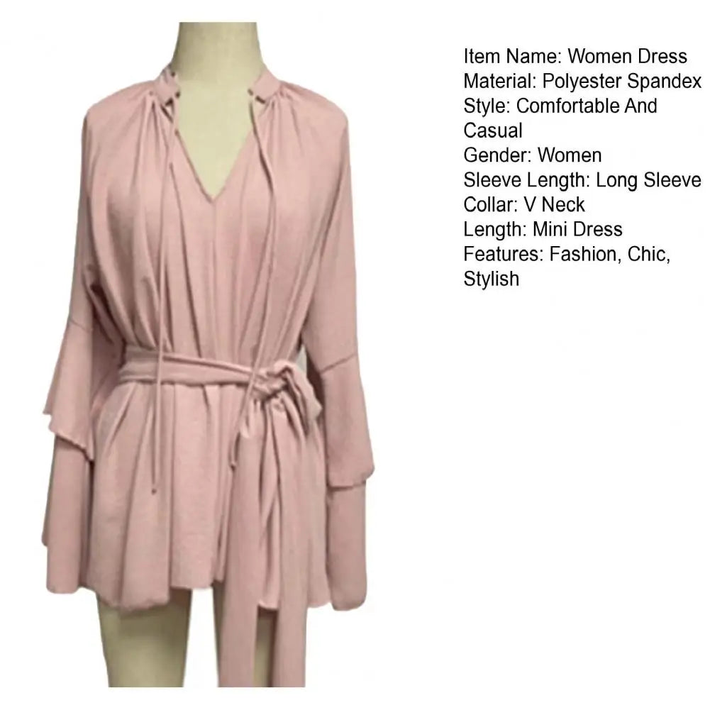 Mini Dress with Belt Summer Ruffle Long Sleeve Dress for Women Casual V Neck A-line Swing Dresses Irregular Vacation Dress