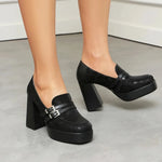 Square Toe Platform Double-Layer Buckle Shallow Sleeve Office Pumps Ultra-High Thick Heel Breathable High Heels