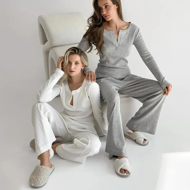 2026 Women's Autumn New V Neck Long Sleeve Pants Pajama Set Ribbed Texture Women's Slim Fit Pajama Loungewear Pyjamas Women