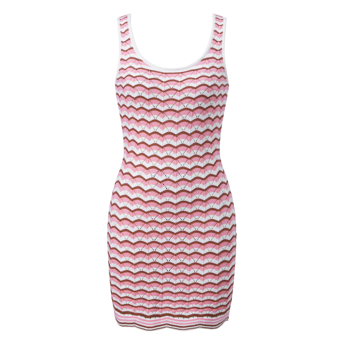 Women Wave Striped Knit Tank Dress Summer Sleeveless Bodycon Mini Dress Bohemian Casual Dress Beach Holiday