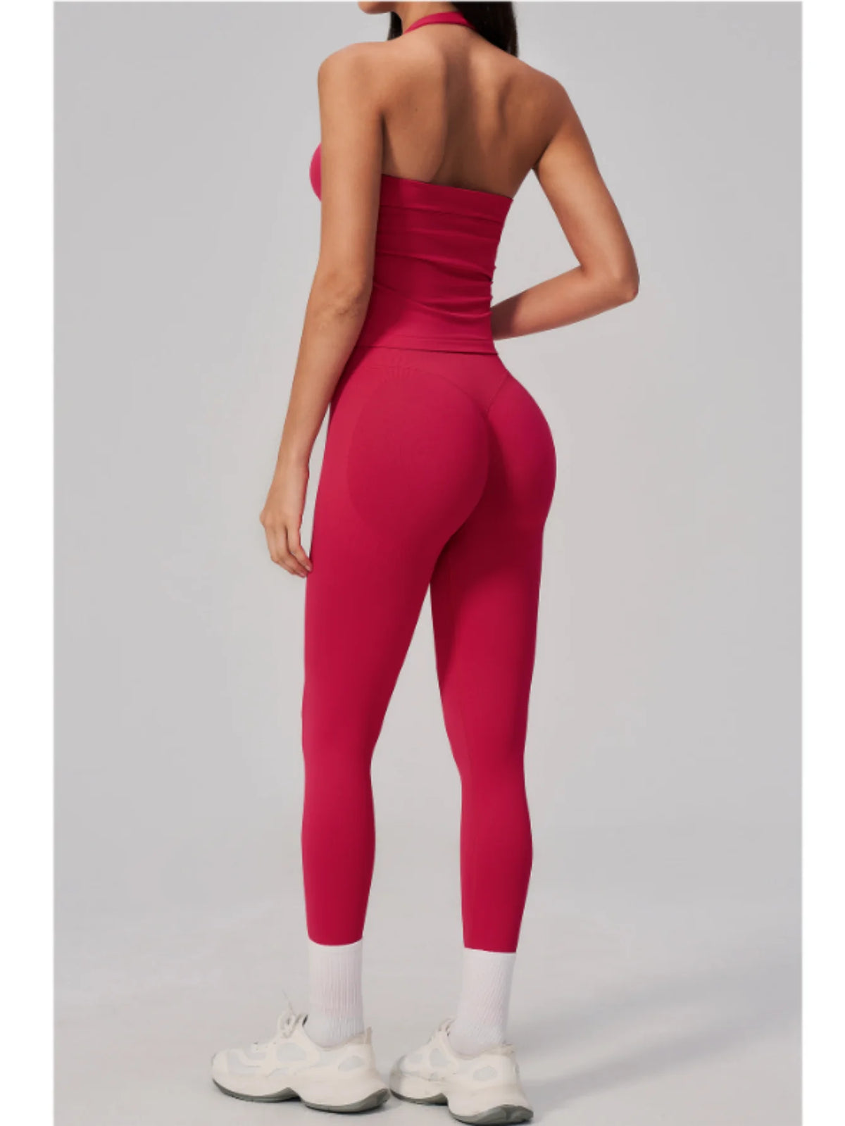 Summer Seamless Yoga Sets Women V Neck Slim Sports Tank Top Fitness Suit Peach Hip High Elasticity Leggings Running Tracksuit