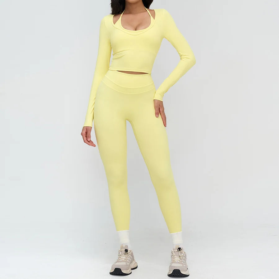 2 Pieces Sportswear Women Yoga Set Gym Clothes Fitness Set Outfit Outdoor Long-Sleeved Shirt Tracksuits Sports Bra Gym Leggings