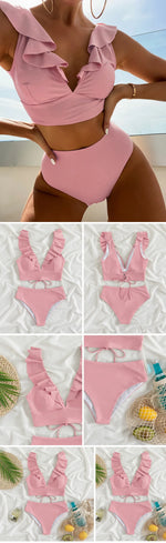 Solid Color Sexy V-neck Ruffle Bikini 2026 Women 2 Piece Swimwear Push Up Padded High Waist Swimsuit Summer Beach Bathing Suit