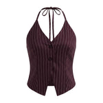 Women’s Striped Print Halter Tank Tops Summer Fashionable V Neck Backless Button Down Vest