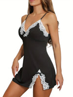 Women's Sexy Summer Nightgown, Short Lace Trim Hip-Hugging Black Camisole Sleep Mini Dress,Homewear Loungewear