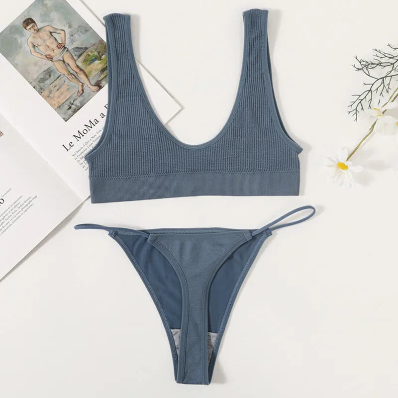 Women Seamless Bra And Panties Set U-Neck Push-Up Bra Brazilian Thongs Low-Waist T-Back Female Underwear Sexy Lingerie Set