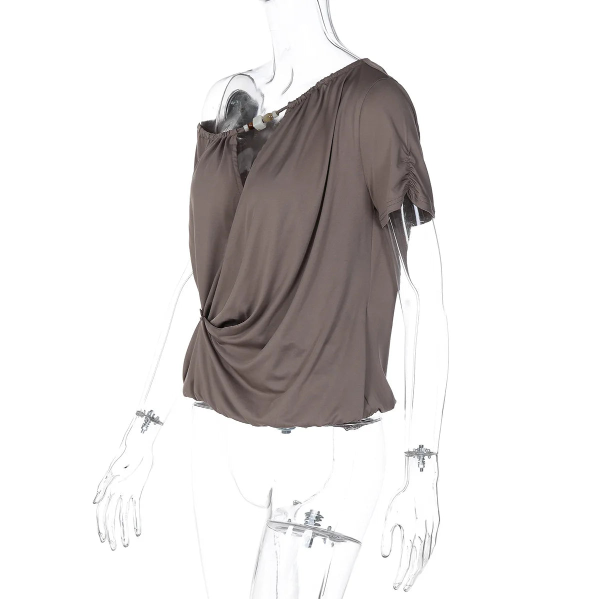 FDYOUI 2026 Diagonal Collar Ruched T-shirts Women's Summer Short Sleeve Hollow Out Buttons Tee Shirt Asymmetrical Top Streetwear