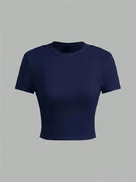 Solid Color Basic Cropped Tshirts for Women Casual Round Neck Short Sleeve Crop Top Summer Slim Fit Tee Shirt Streetwear