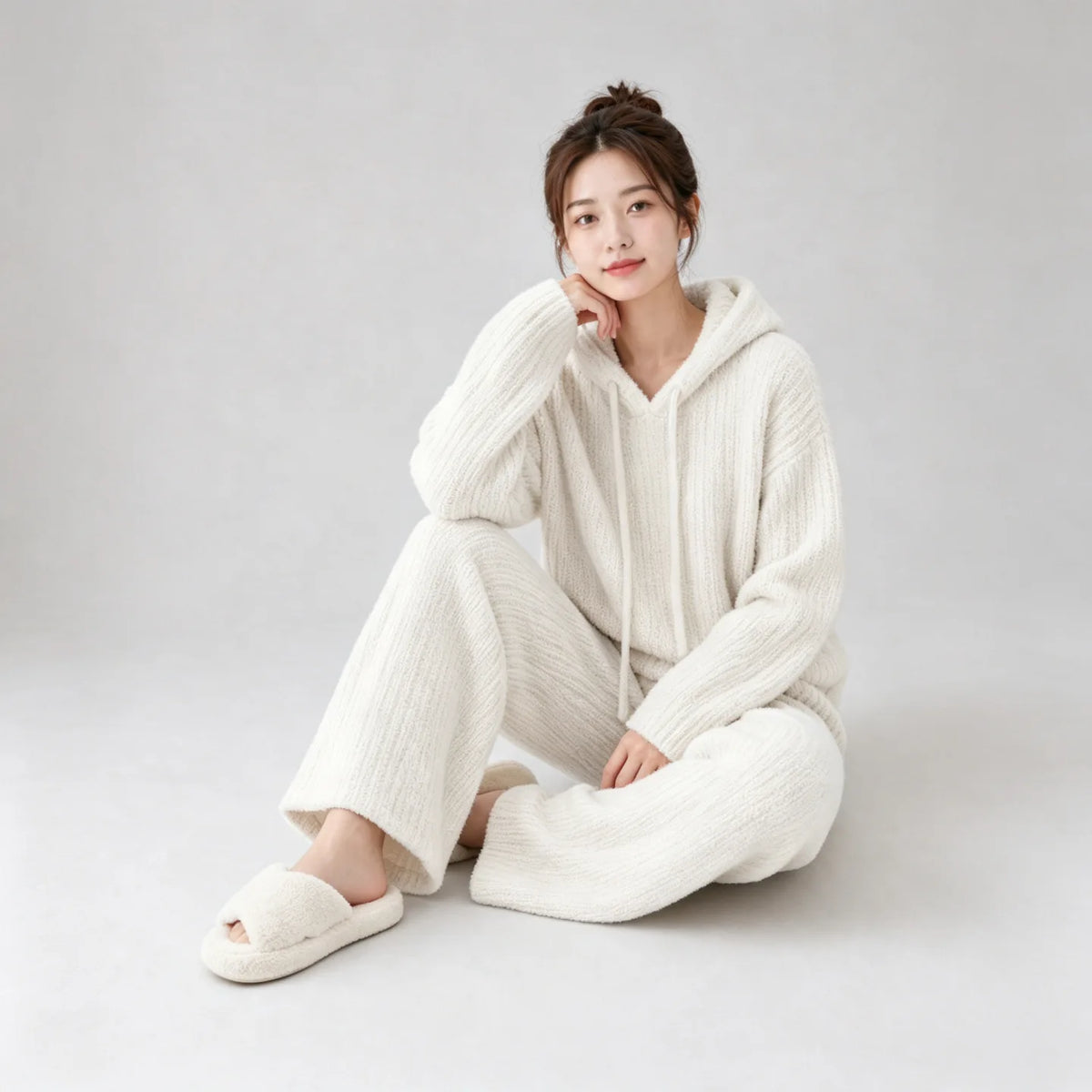 Soft Vertical Texture Loose Wearable Outside Autumn Winter Sleepwear Women Korean Lazy Style Hooded Half Velvet Pajama Set
