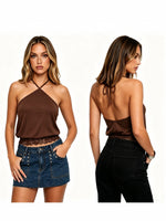 2026 Summer Women's Backless Lace Hem Tank Tops Slim Fit Halter Vest Daily Fashion Going Out Sleeveless Shirts