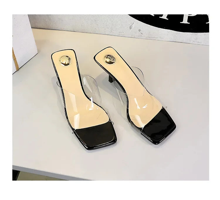 BIGTREE Sexy Silver PVC Transparent Crystal Womens Slippers 2026 Summer Square Toe Thin High Heels Sandals Ladies Shoes