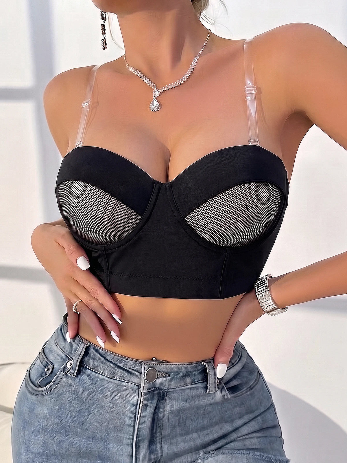 Removable Strap Strapless Mesh Bustier Bra Push‑Up Longline Bandeau Fashion Comfort Women Lingerie Top