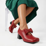 Plus Size 52 Soft Faux Leather Mary Jane Heels Pumps Big Bow Square Toe 5cm Chunky Block Heel Vintage Office Dress Shoes Women