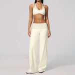 Fake Two-piece Sports Bra Yoga Sets Women Coffee Striped Patchwork Folding High Waist Wide Leg Pants Gym Running Fitness Suits