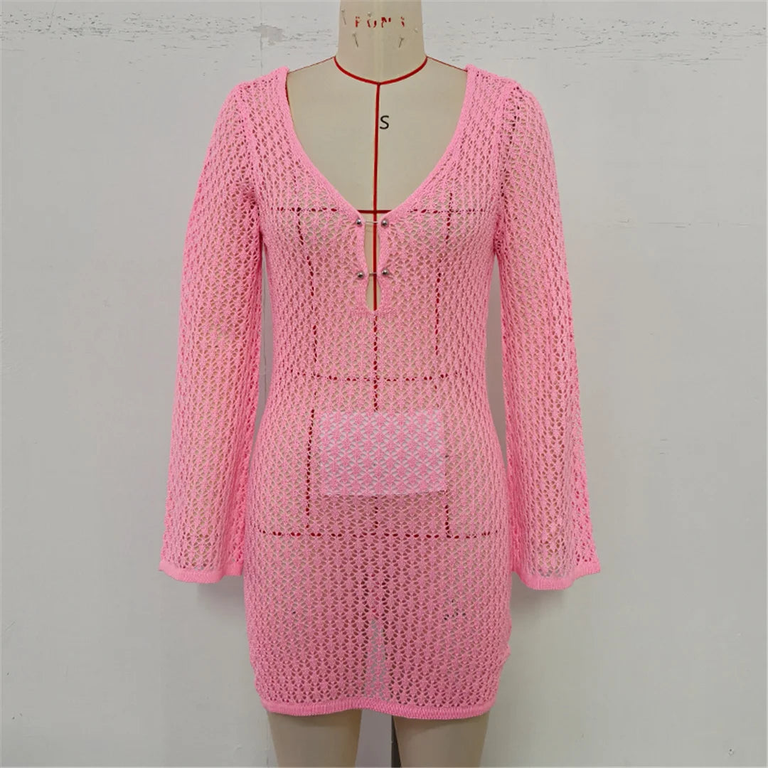 V Neck Long Sleeve Hollow Out Crochet Knitted Tunic Beach Cover Up Cover-ups Beach Dress Beach Wear Beachwear Female Women V7643