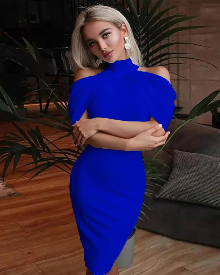2024 New Solid Color Slim Midi Dresses Women Halter Neck Off Shoulder Package Hip Bodycon Elegant Temperament Ladies Party Dress