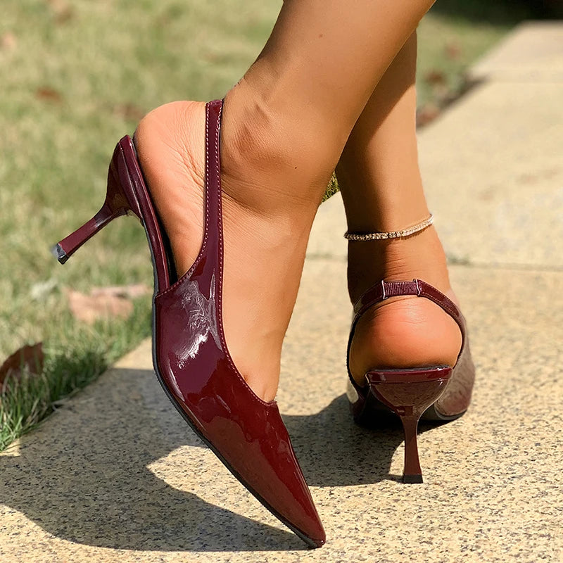 Sexy Leopard Print High Heel Mules Sandals Women Summer Patent Leather Pointed Toe Slingbacks Woman Plus Size 42 Slip On Sandals