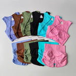 Women's Backless Cross Belt Sports Vest Yoga Exercise Fitness Suit Threaded Pleated Hip Lifting Shorts Set