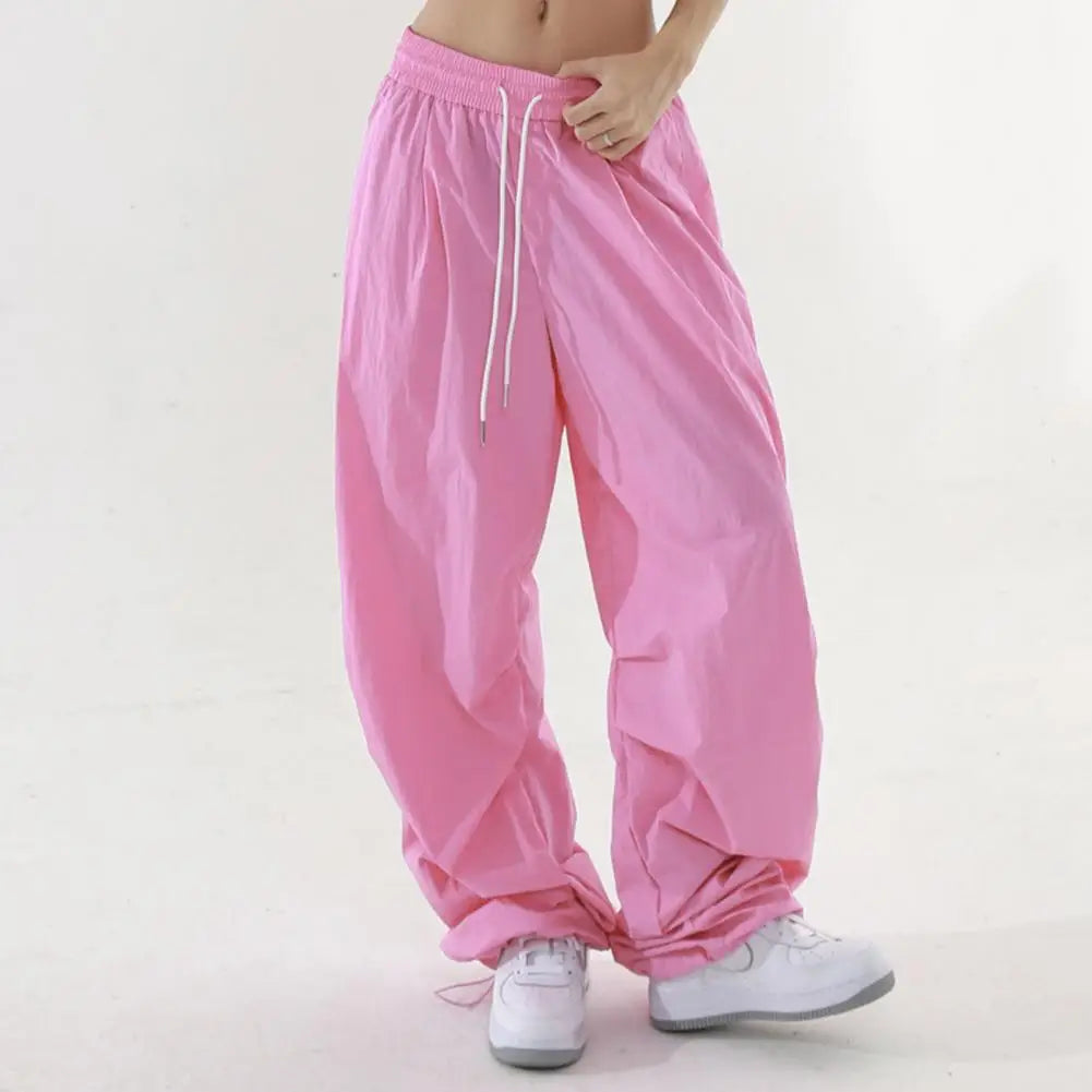 Women Sport Pants Wide Leg Elastic Waist Adjustable Drawstring Long Pants Solid Color Leisure Travel Cargo Trousers