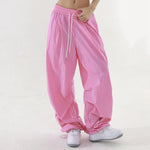 Women Sport Pants Wide Leg Elastic Waist Adjustable Drawstring Long Pants Solid Color Leisure Travel Cargo Trousers