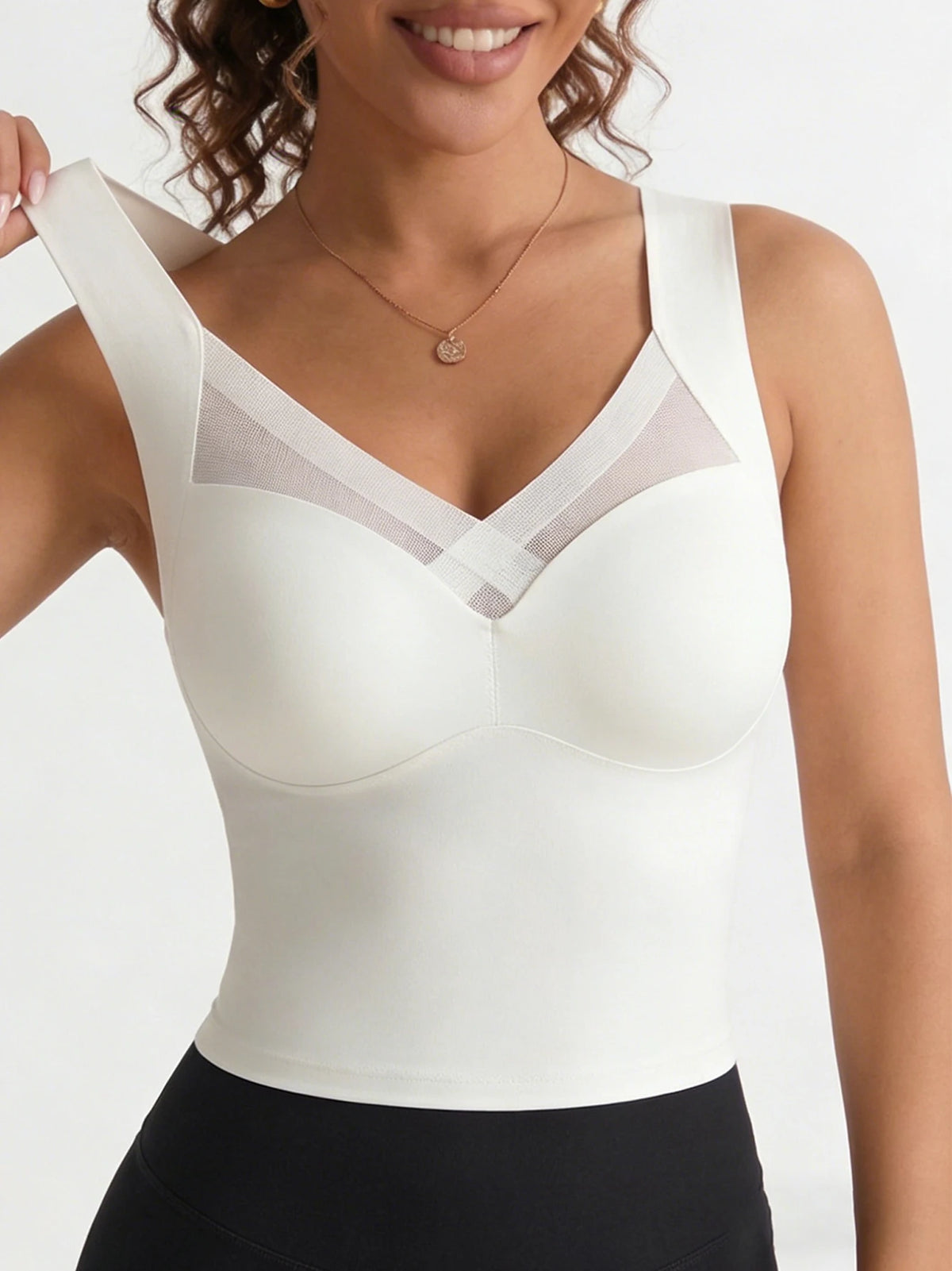 Yoga Sports Bra Elegant Wireless Fixed Cup Tank Bra Front Crisscross Mesh Seamless Back for Daily Party Dating Outfits
