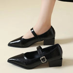 Mid-length Single Shoes Spring and Summer New Fashion Belt Buckle Pointed Toe Comfortable Shallow Toe Leather Shoes