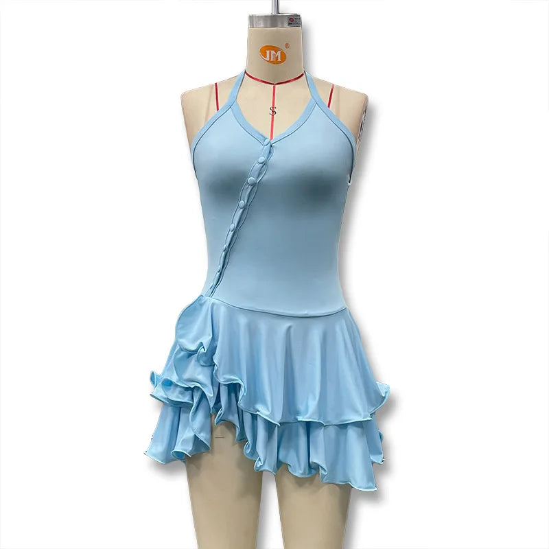 Hot Girl Slim Halter Neck Mini Dress Solid Color V-neck Single-breasted Layered Ruffles Bodycon Short Dresses Fashion Female New