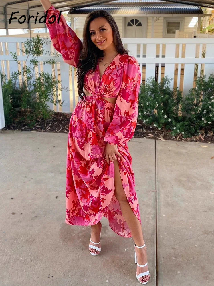 Waist Cut Out Backless Sexy Summer Maxi Dress Elegant Deep V Neck Holiday Long Dress Red Black Boho Floral Dress Women 2025