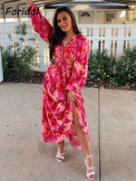 Waist Cut Out Backless Sexy Summer Maxi Dress Elegant Deep V Neck Holiday Long Dress Red Black Boho Floral Dress Women 2025
