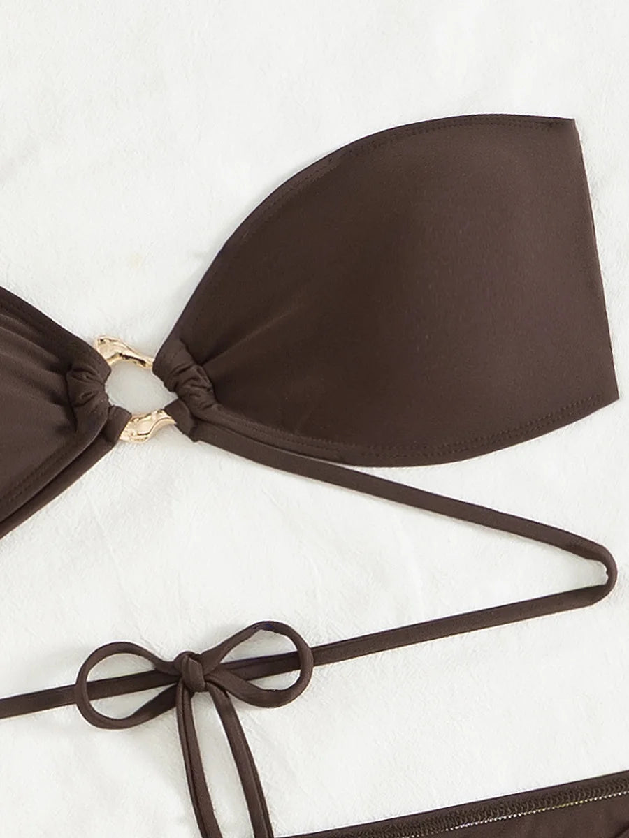 With Sarong Skirt Bandeau Bikini Women Swimwear Female Swimsuit Three-pieces Bikini Set Metal Rings Bathing Suit Swim Beachwear