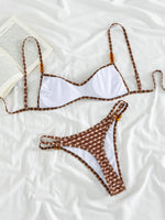 Sexy Brown Floral Print Bikini Set Women Beaded String Strap Push Up Bra Thong Swimsuit 2026 Summer Bathing Suit Micro Swimwear