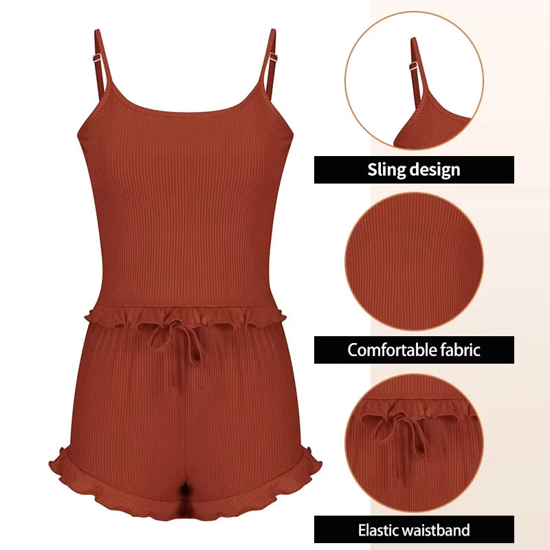 New Summer Womens Ribbed Knit Pajama Set Ruffle Trim Cami Top Drawstring Shorts Loungewear Two Piece Sleepwear Sexy Homewear
