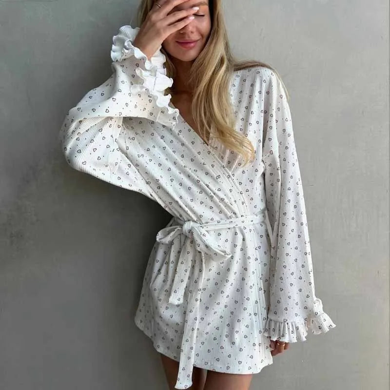 New women's sleepwear sweet home clothes loose heart printed casual long sleeved lace autumn and winter lace up nightgown Y2K