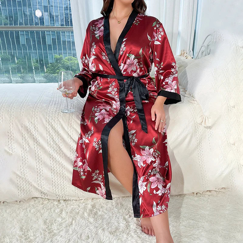 Fat Plus Size Pajamas for Women's Fashion, Casual, Loose Printed Pajamas for Women's Long Imitation Silk Sexy Pajamas