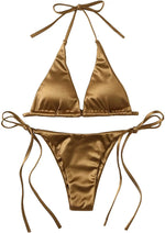 Wrap Around Halter Metallic Satin Bikini Women Swimwear Female Swimsuit Two-pieces Bikini Set Brazilian Bathing Suit Swim Lady