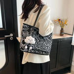 Large Capacity Printed Tote Bag, Fashion and Versatile Casual Single Shoulder Handbag with Pendant, College Style Women's Bags