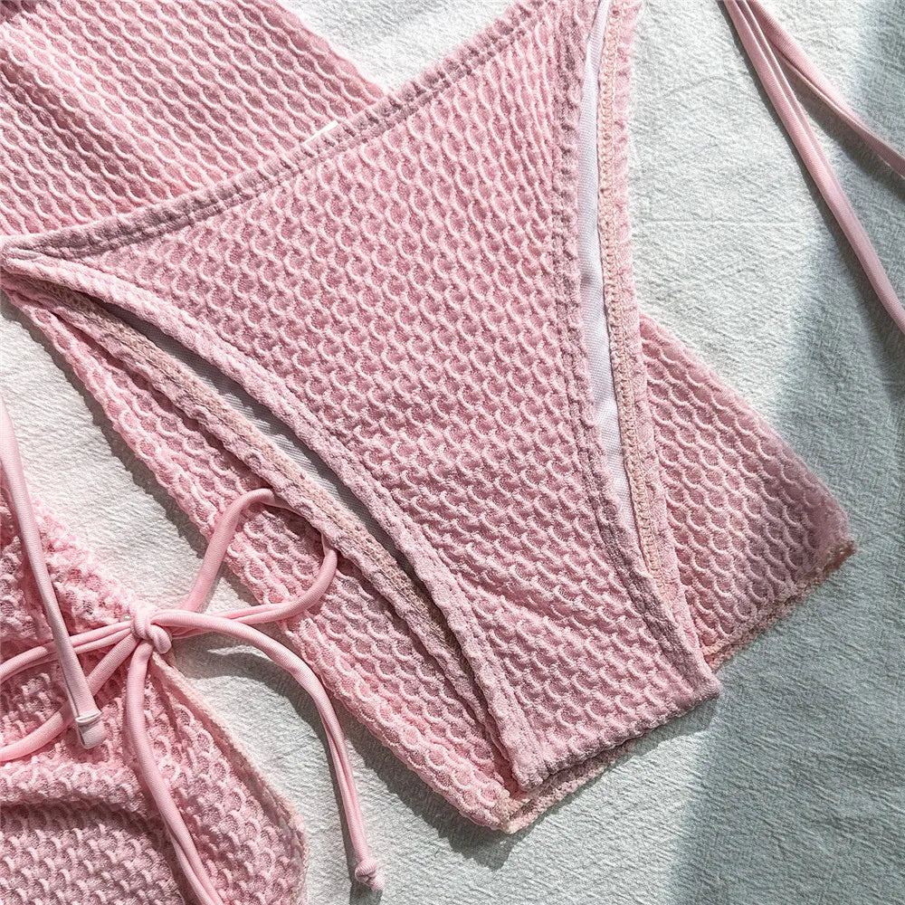 Beige Mesh Halter String Triangle Micro Thong Bikinis Sets 4 Pieces Long Sleeve Cover Ups Sexy Swimsuit Women Holiday Swimwear