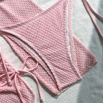 Beige Mesh Halter String Triangle Micro Thong Bikinis Sets 4 Pieces Long Sleeve Cover Ups Sexy Swimsuit Women Holiday Swimwear
