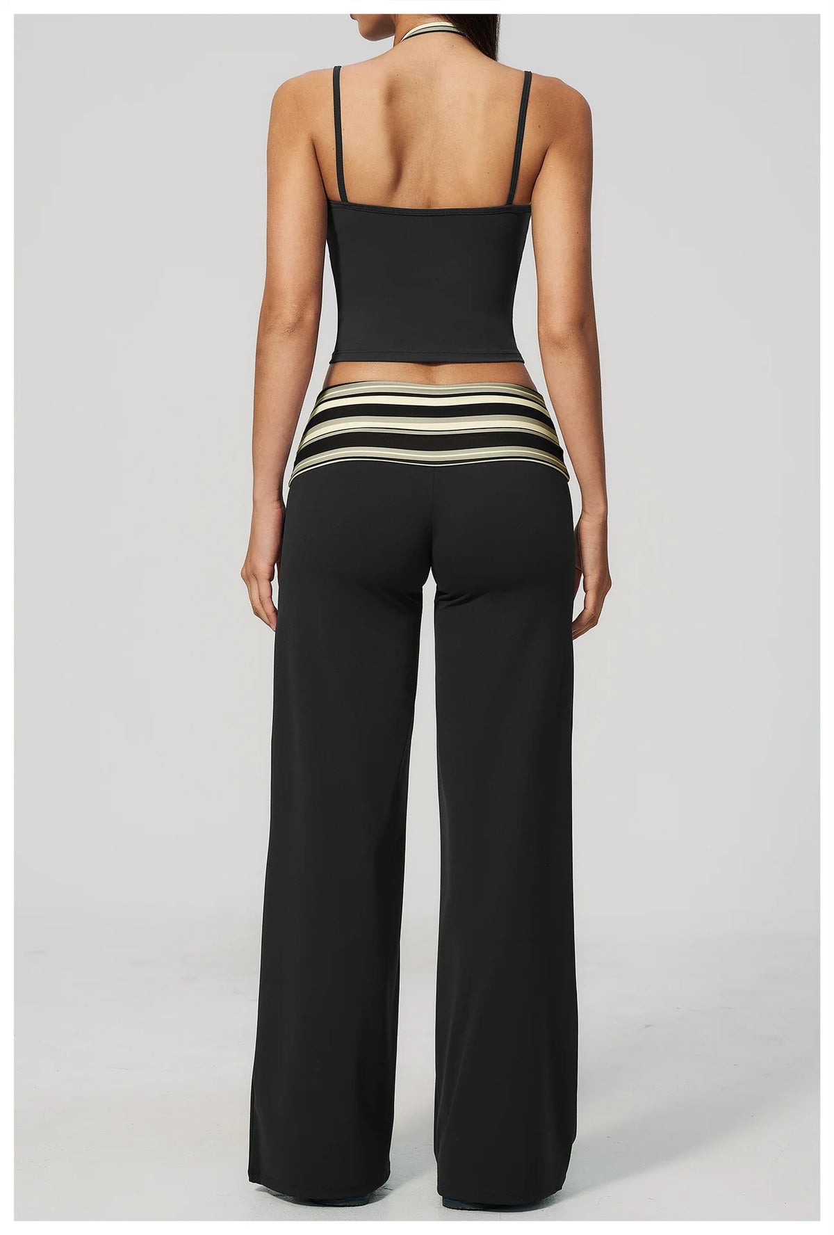 Women's 2 Piece Yoga Set Halter Neck Crop Top Fold Over Waist Wide Legged Flare Trousers Polka Dot Striped Gym Workout Running