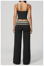 Women's 2 Piece Yoga Set Halter Neck Crop Top Fold Over Waist Wide Legged Flare Trousers Polka Dot Striped Gym Workout Running
