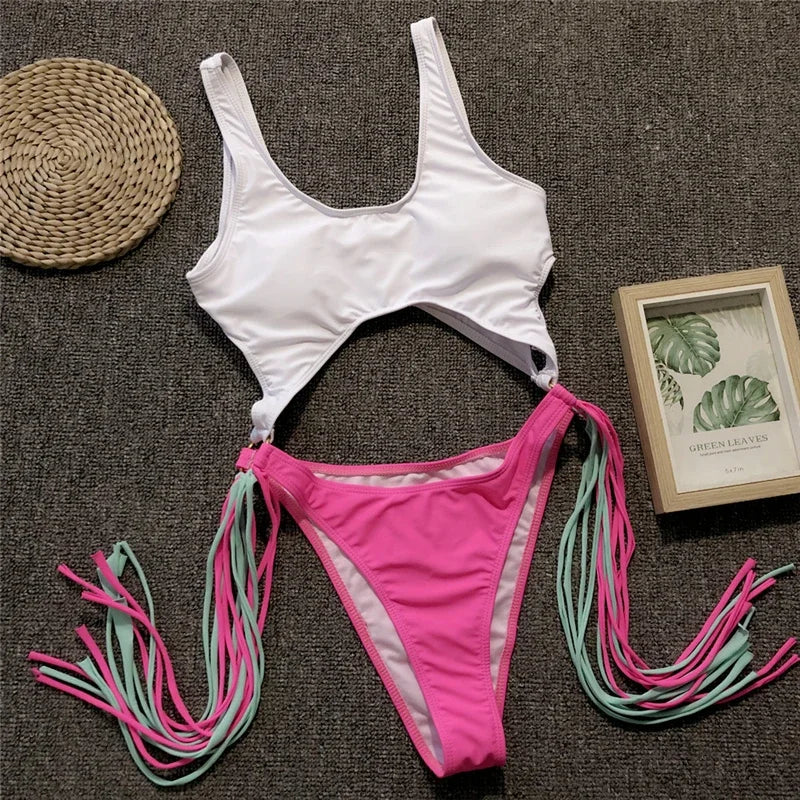 Tummy Cut Out Splicing Fringe Tassel Women Swimwear One Piece Swimsuit Female Monokini High Leg Cut Bathing Suit Swim Beach Wear
