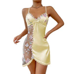 Thin Lace Bow Women's Pajama Dress Embroidered Mesh Transparent Ice Silk Suspender Nightdress Split Sleepwear