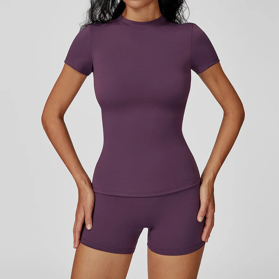 New Yoga Set Two Piece Women Short Sleeve Top with High Waist Leggings Seamless Workout Clothes Patchwork Sport Fitness Gym Sets