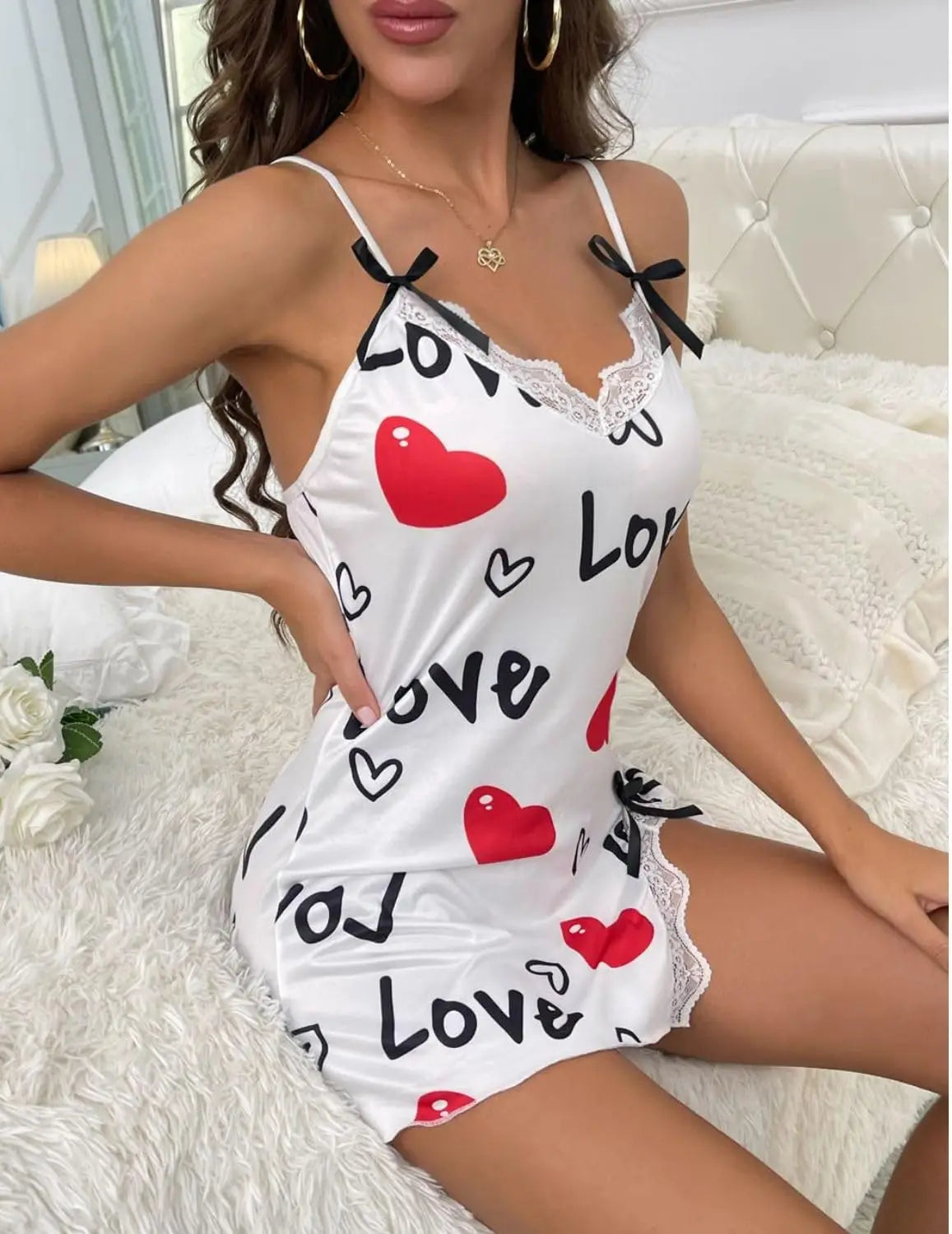 New Sexy Black Nightgown for Women Red HeartLove Print Satin Lace Trim Mini Chemise Adjustable Spaghetti Strap Lingerie