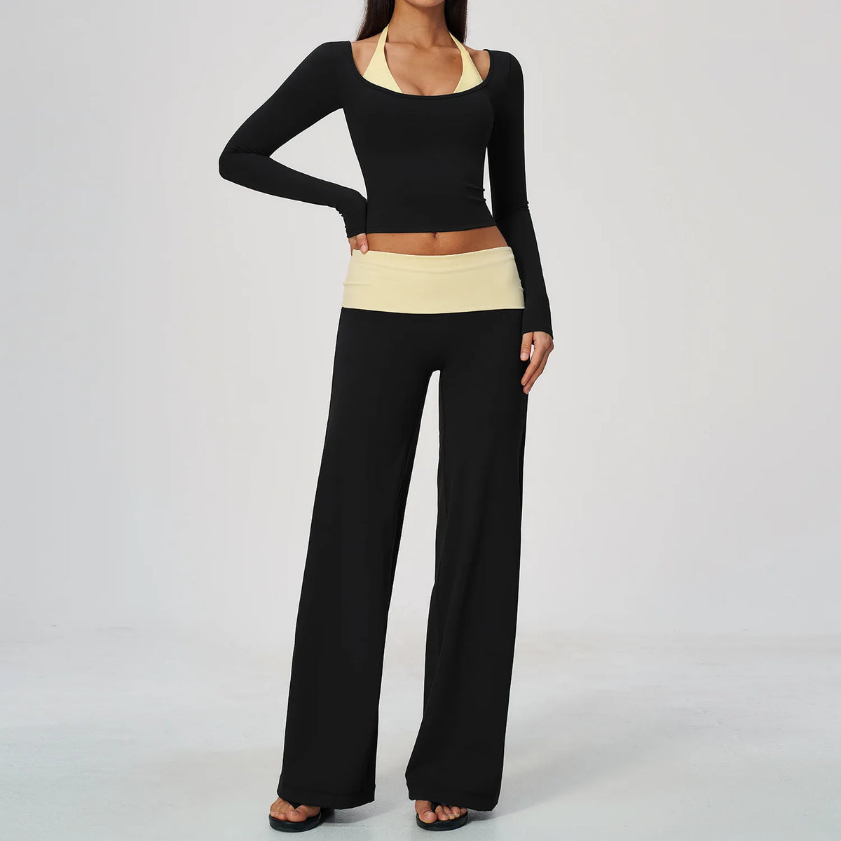 Women 2 Piece Yoga Set Gym Clothing Fitness Suit Workout Tracksuit Running Sportswear Outfits Layered Long Sleeve Wide Leg Pants