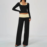 Women 2 Piece Yoga Set Gym Clothing Fitness Suit Workout Tracksuit Running Sportswear Outfits Layered Long Sleeve Wide Leg Pants