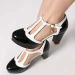 Spring Autumn New Style Fashion High-heeled Women's Shoes Color Block Round Head Shallow Mouth Buckle Square Heel Women's Shoes