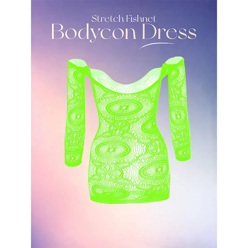 Women Sheer Mesh Long Sleeve Beach Cover Up, Sexy See-Through Fishnet Dress, Solid BodyconFor Summer Beach Party